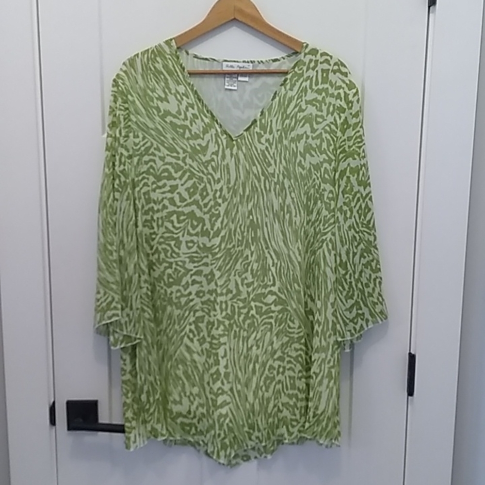 Ulla Popken V-Neck Tunic, Green/White, Size 20/22